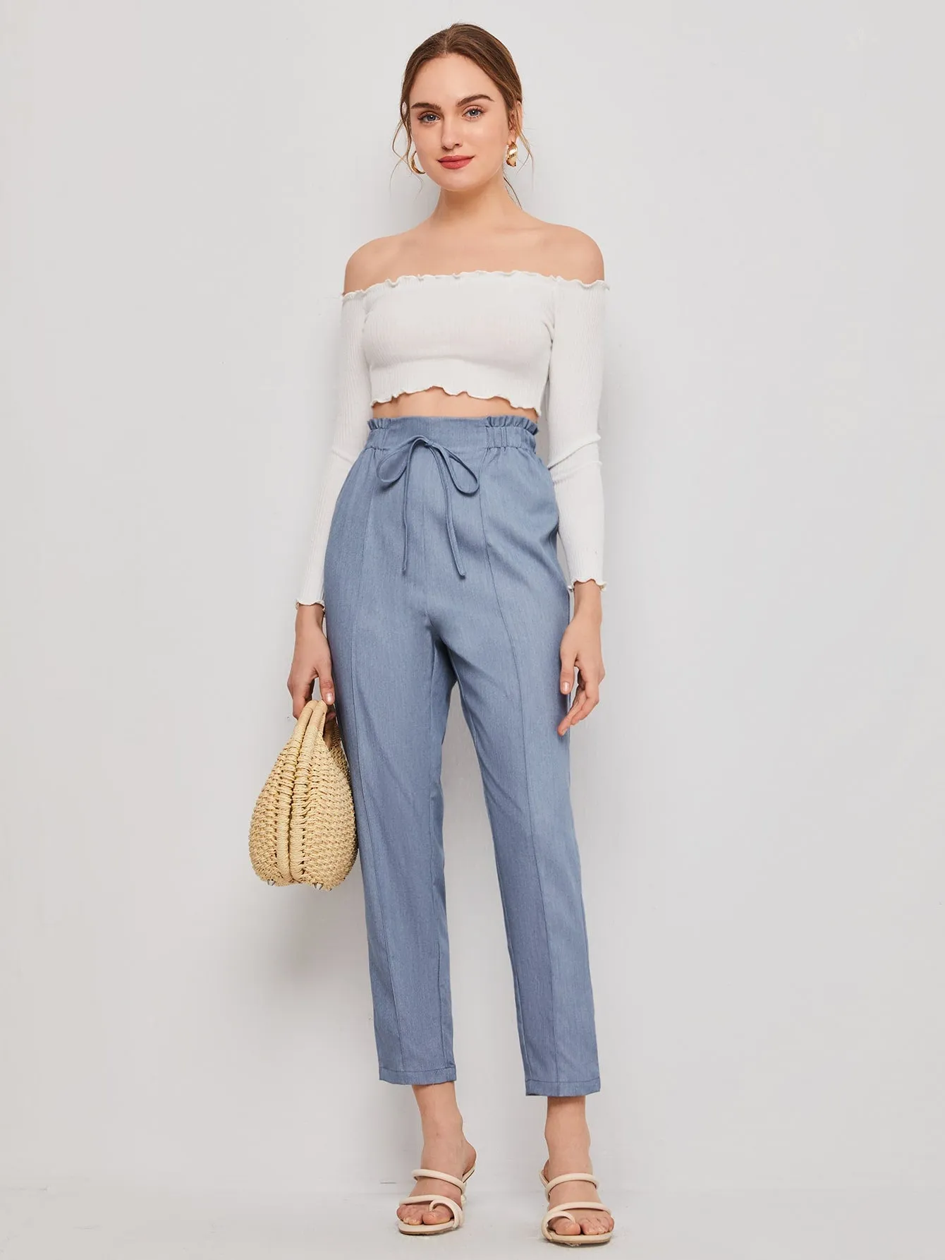 Casual Plain Tie Front High Waist Cropped Women Pants