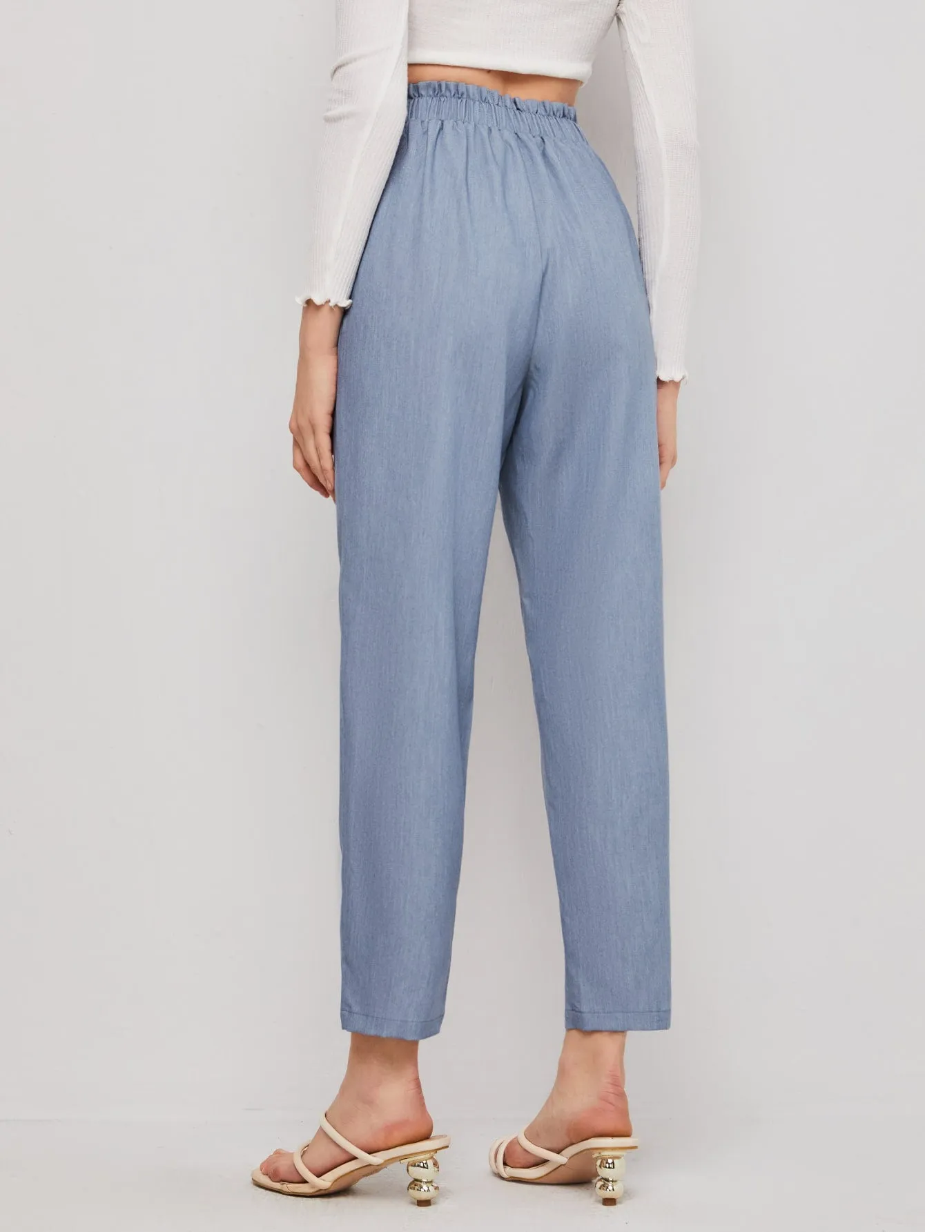 Casual Plain Tie Front High Waist Cropped Women Pants