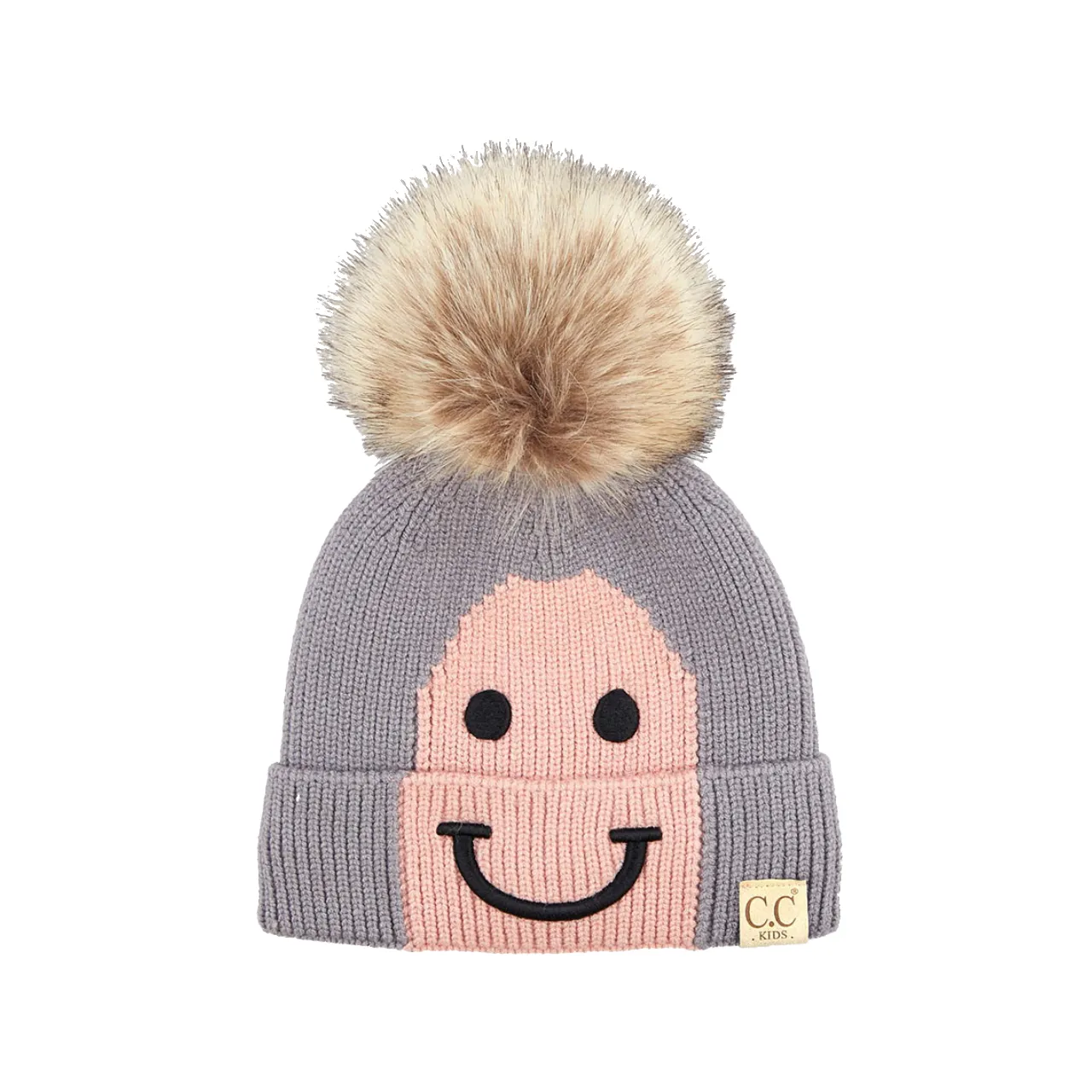 C.C Beanie Smiling Lined Fur Pom Winter Hat - Kids