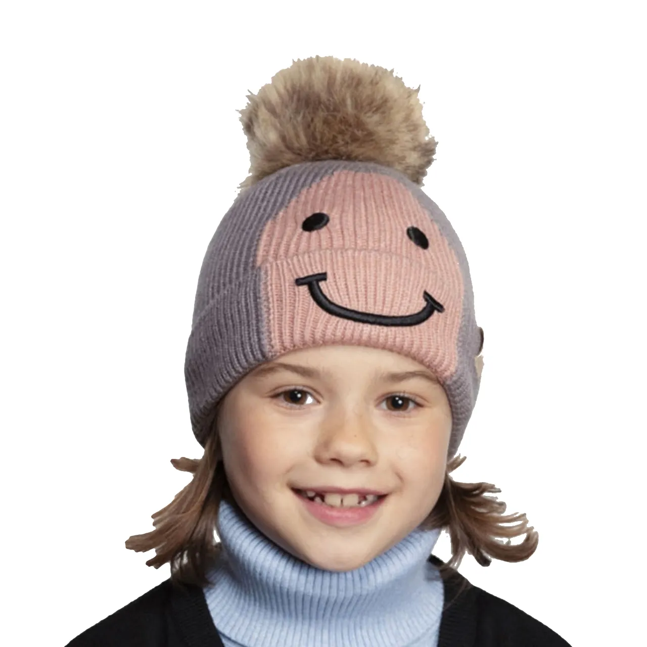 C.C Beanie Smiling Lined Fur Pom Winter Hat - Kids
