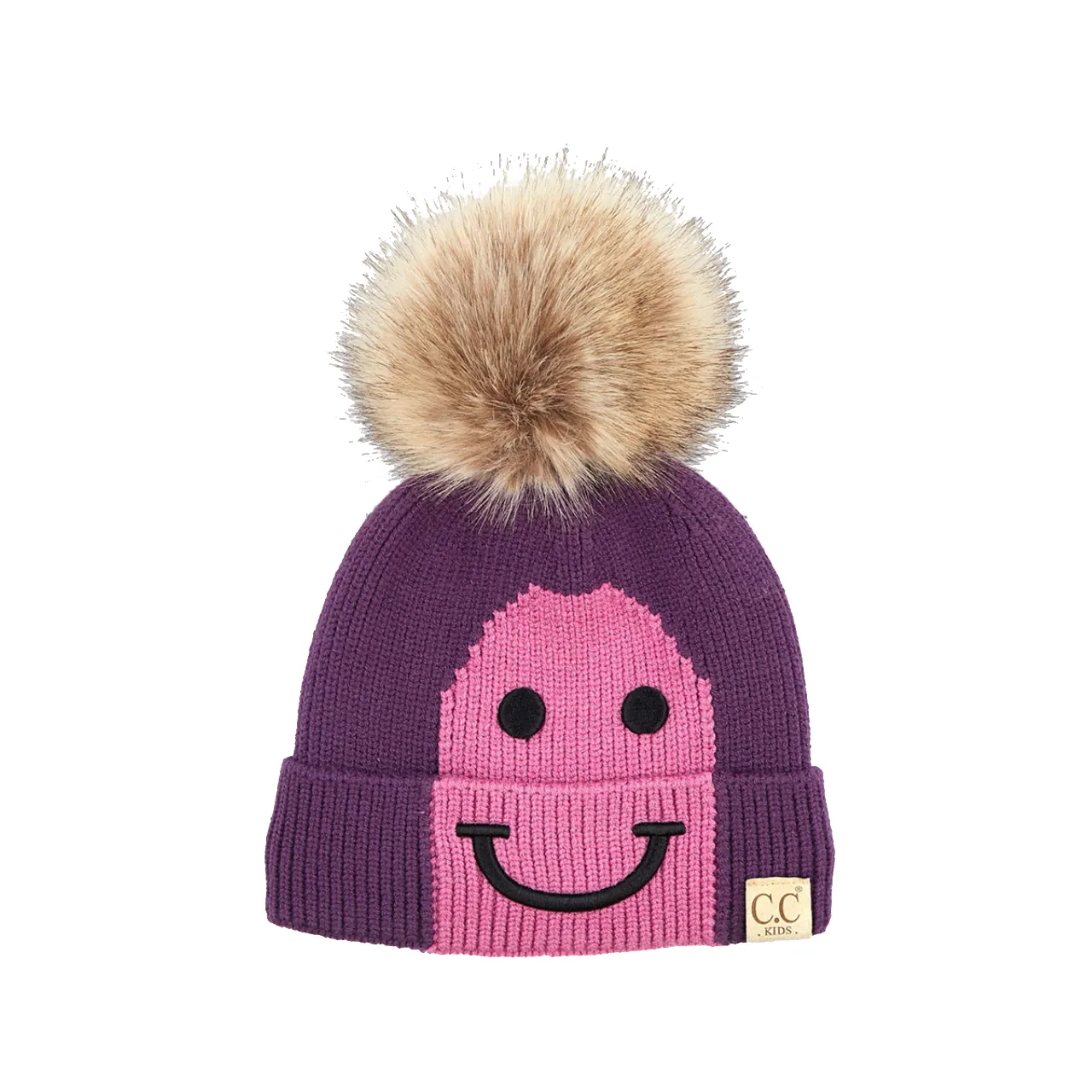 C.C Beanie Smiling Lined Fur Pom Winter Hat - Kids