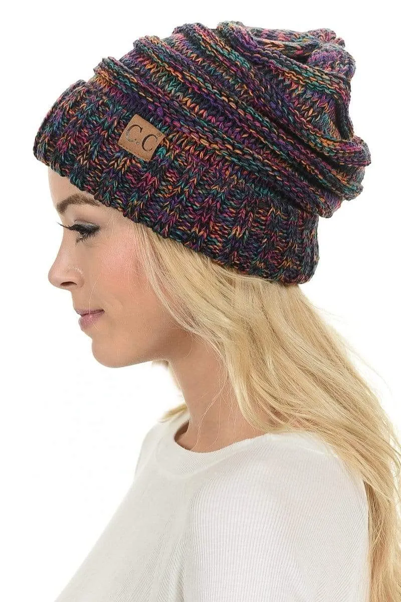 C.C Hat 6242 - Oversized Baggy Slouch Thick Warm Cap Hat Skully Mixed Multi Color Cable Knit Beanie
