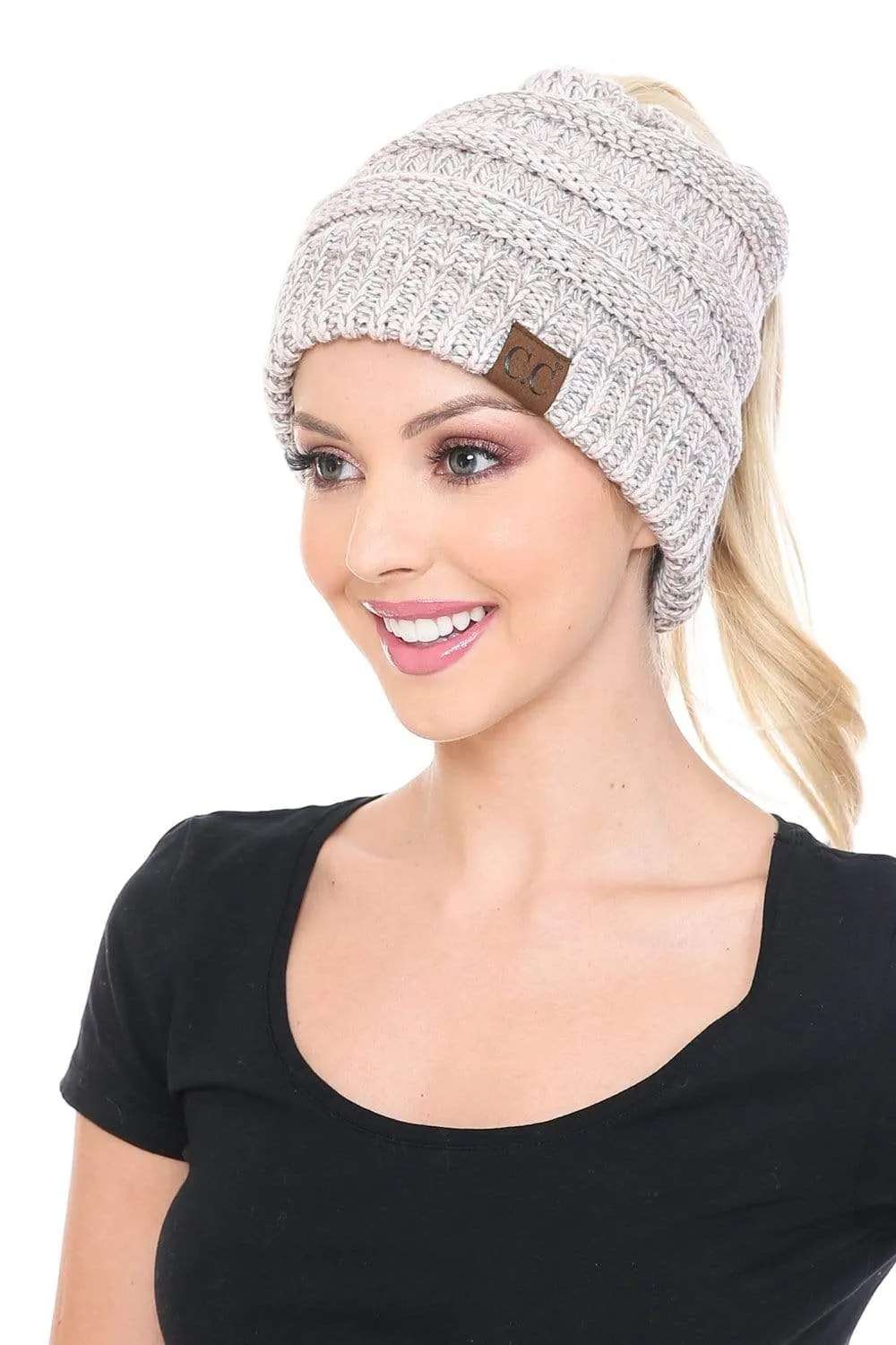 C.C MB6242 - Soft Stretch Cable Knit Warm Ponytail Hat 3 Toned Mixed Multi Color Beanie