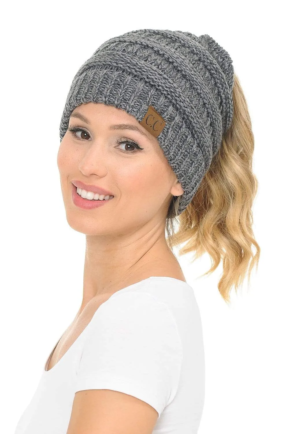 C.C MB6242 - Soft Stretch Cable Knit Warm Ponytail Hat 3 Toned Mixed Multi Color Beanie