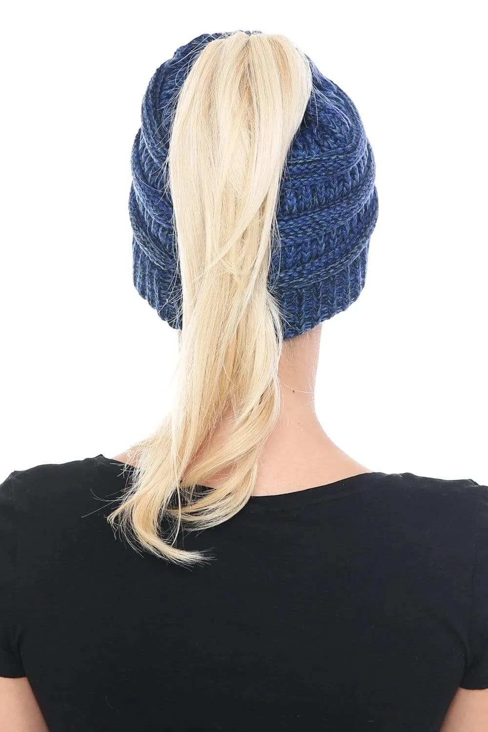 C.C MB6242 - Soft Stretch Cable Knit Warm Ponytail Hat 3 Toned Mixed Multi Color Beanie