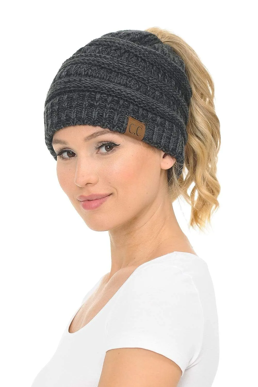 C.C MB6242 - Soft Stretch Cable Knit Warm Ponytail Hat 3 Toned Mixed Multi Color Beanie