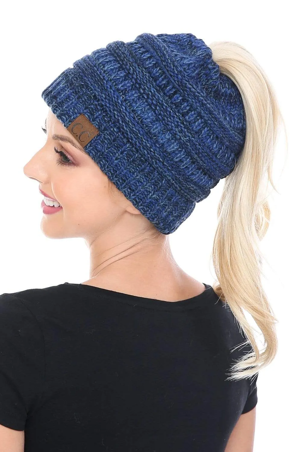 C.C MB6242 - Soft Stretch Cable Knit Warm Ponytail Hat 3 Toned Mixed Multi Color Beanie