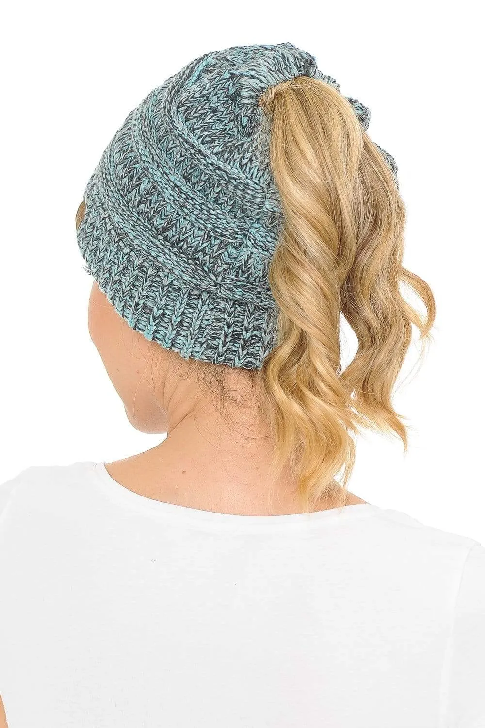 C.C MB6242 - Soft Stretch Cable Knit Warm Ponytail Hat 3 Toned Mixed Multi Color Beanie
