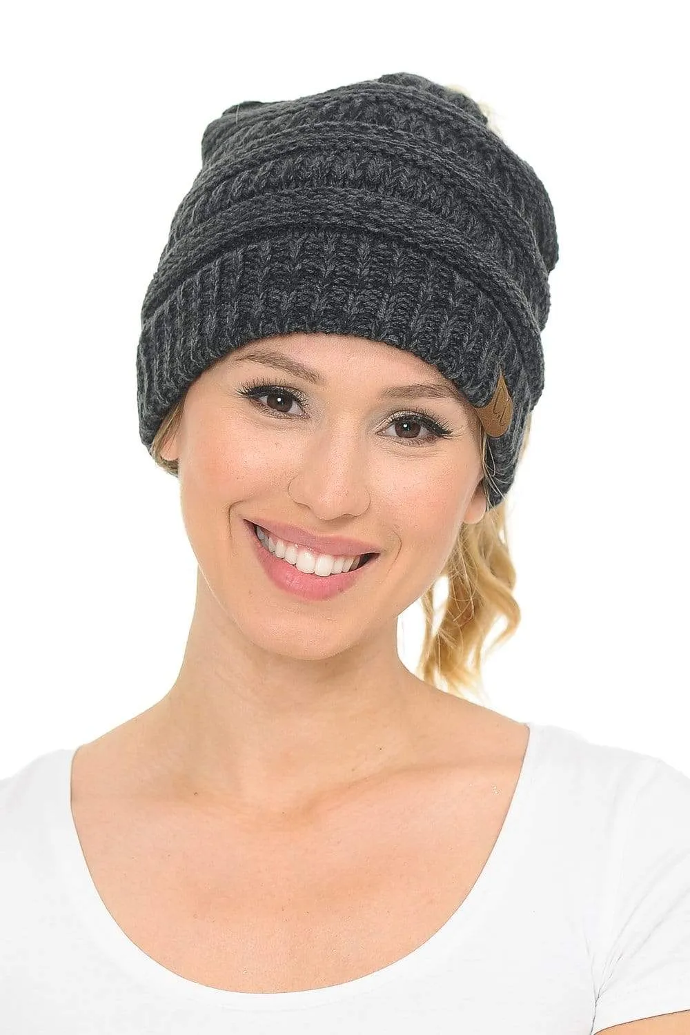 C.C MB6242 - Soft Stretch Cable Knit Warm Ponytail Hat 3 Toned Mixed Multi Color Beanie