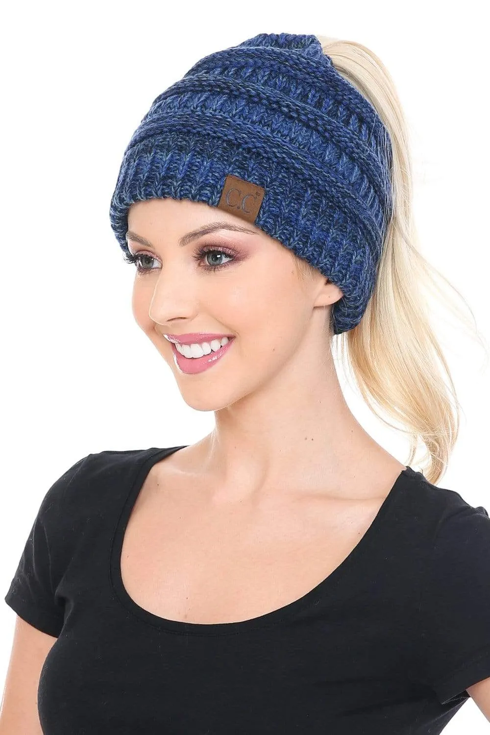 C.C MB6242 - Soft Stretch Cable Knit Warm Ponytail Hat 3 Toned Mixed Multi Color Beanie