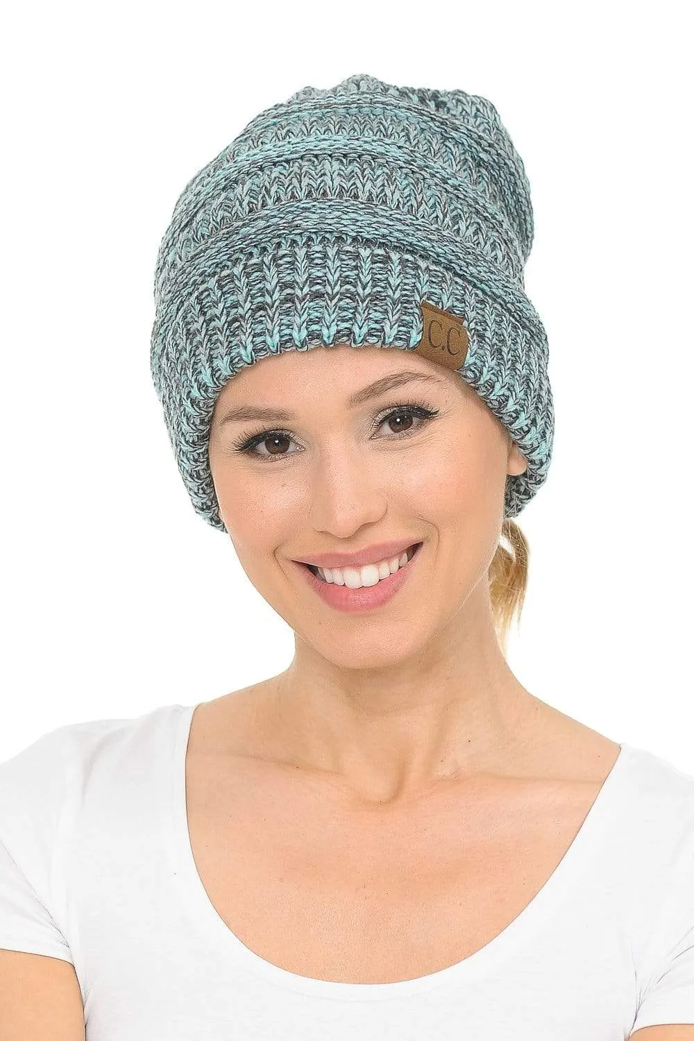 C.C MB6242 - Soft Stretch Cable Knit Warm Ponytail Hat 3 Toned Mixed Multi Color Beanie