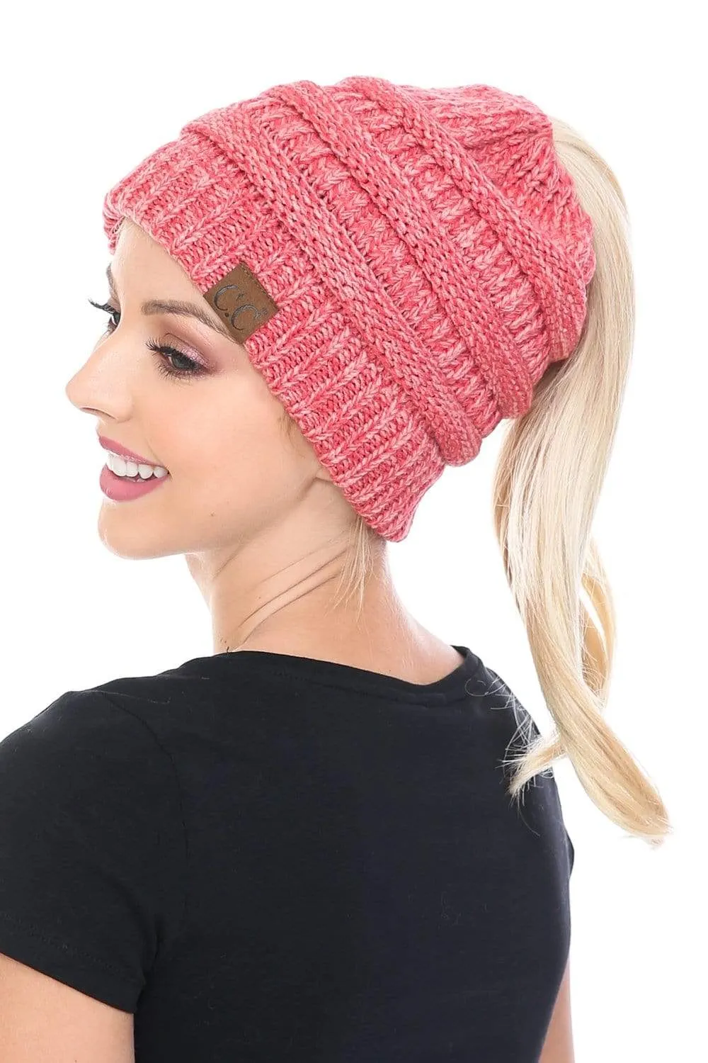 C.C MB6242 - Soft Stretch Cable Knit Warm Ponytail Hat 3 Toned Mixed Multi Color Beanie