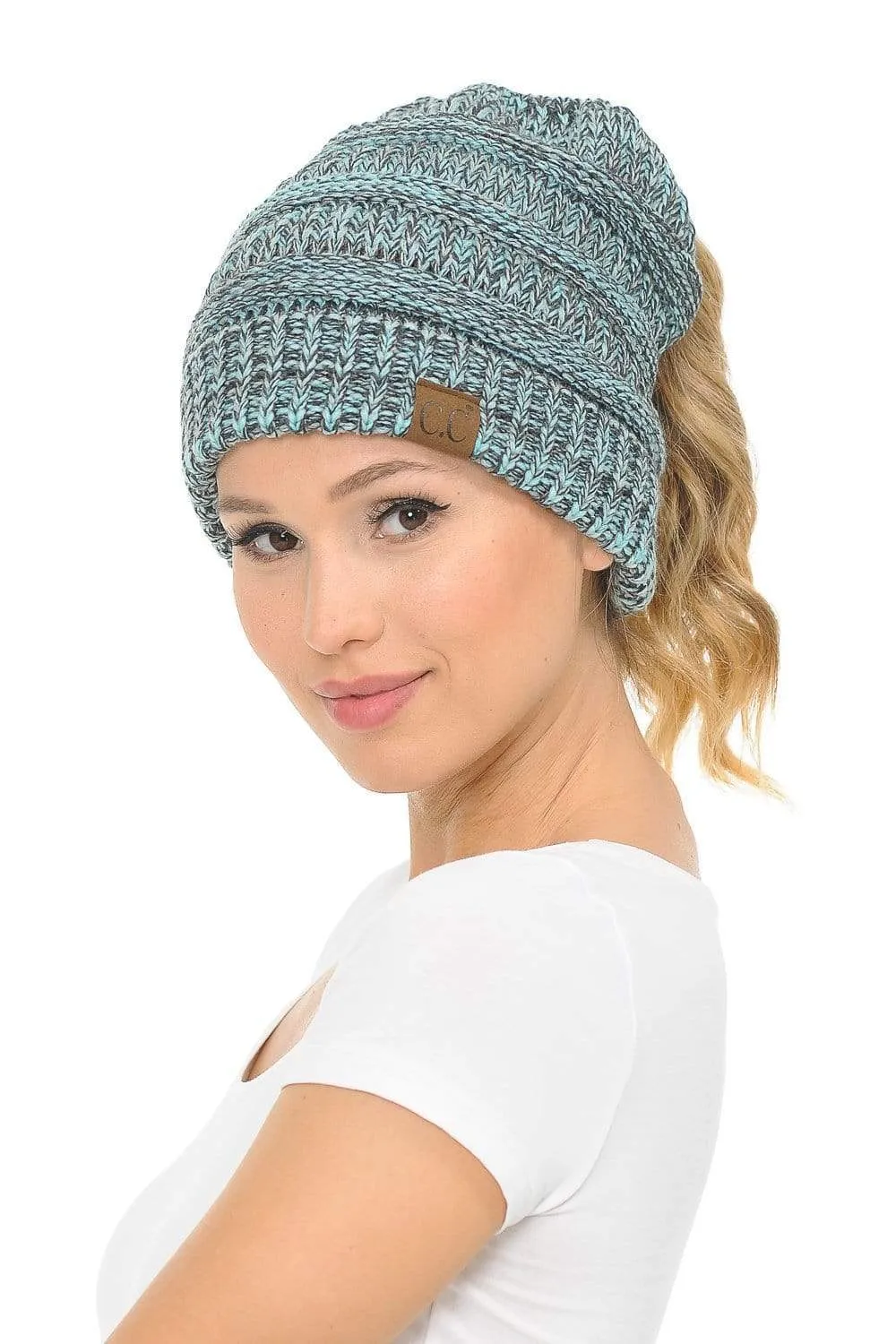 C.C MB6242 - Soft Stretch Cable Knit Warm Ponytail Hat 3 Toned Mixed Multi Color Beanie