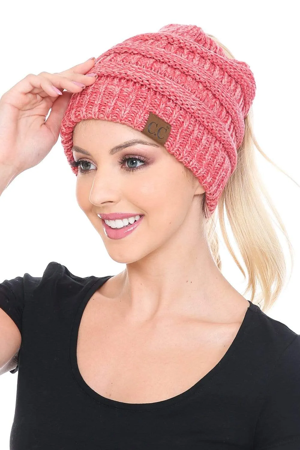 C.C MB6242 - Soft Stretch Cable Knit Warm Ponytail Hat 3 Toned Mixed Multi Color Beanie
