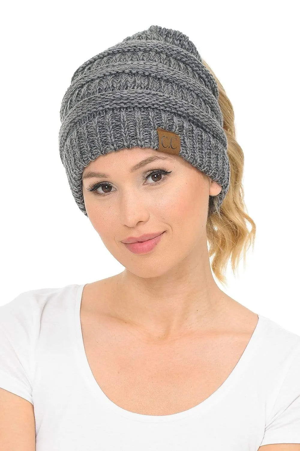 C.C MB6242 - Soft Stretch Cable Knit Warm Ponytail Hat 3 Toned Mixed Multi Color Beanie