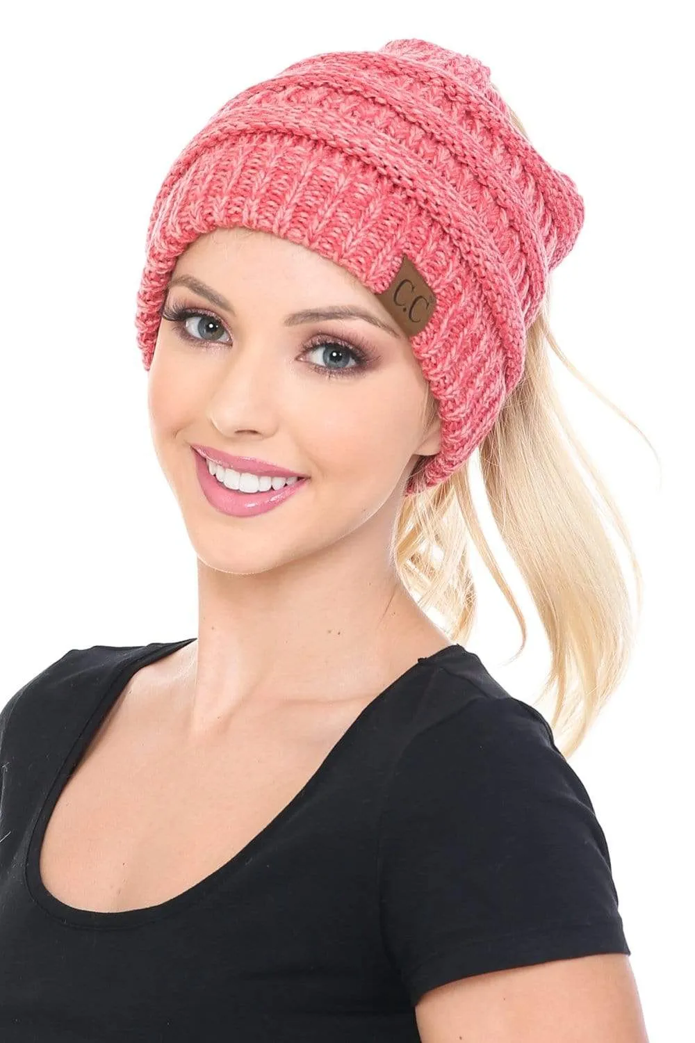 C.C MB6242 - Soft Stretch Cable Knit Warm Ponytail Hat 3 Toned Mixed Multi Color Beanie
