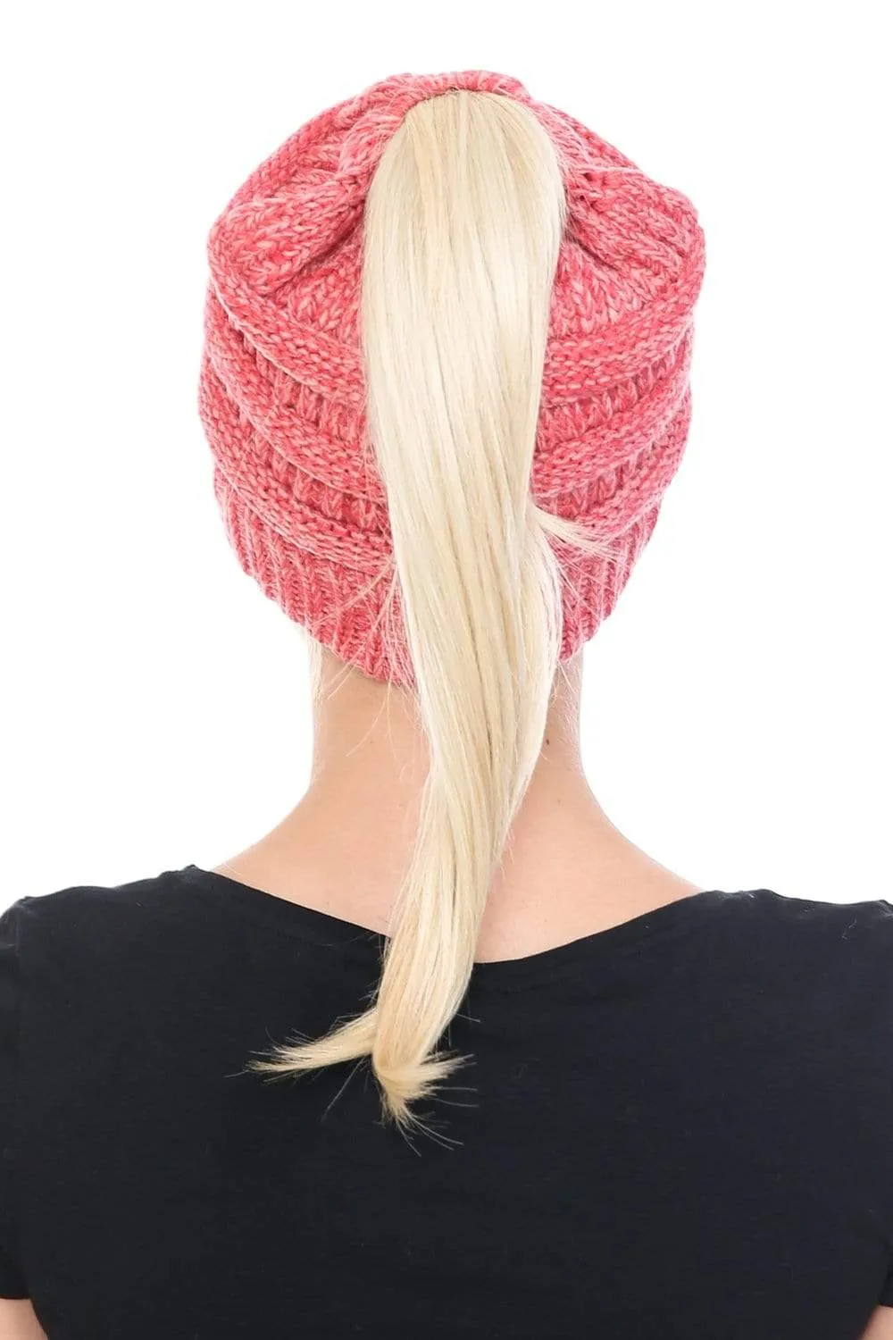 C.C MB6242 - Soft Stretch Cable Knit Warm Ponytail Hat 3 Toned Mixed Multi Color Beanie