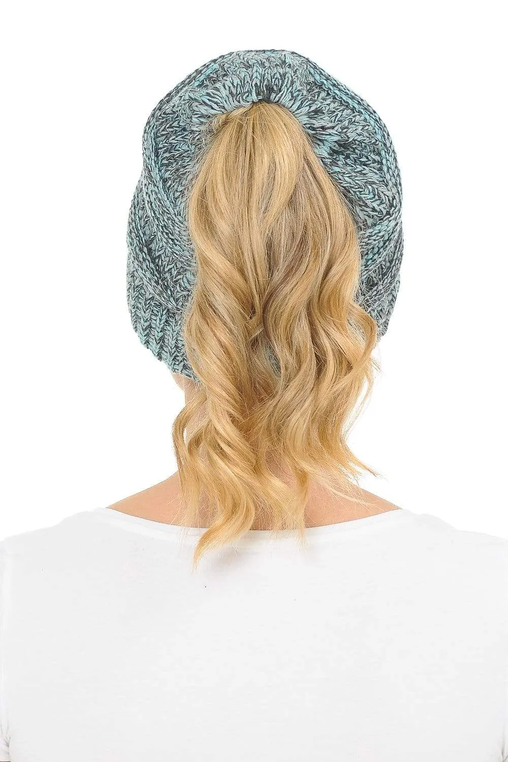 C.C MB6242 - Soft Stretch Cable Knit Warm Ponytail Hat 3 Toned Mixed Multi Color Beanie