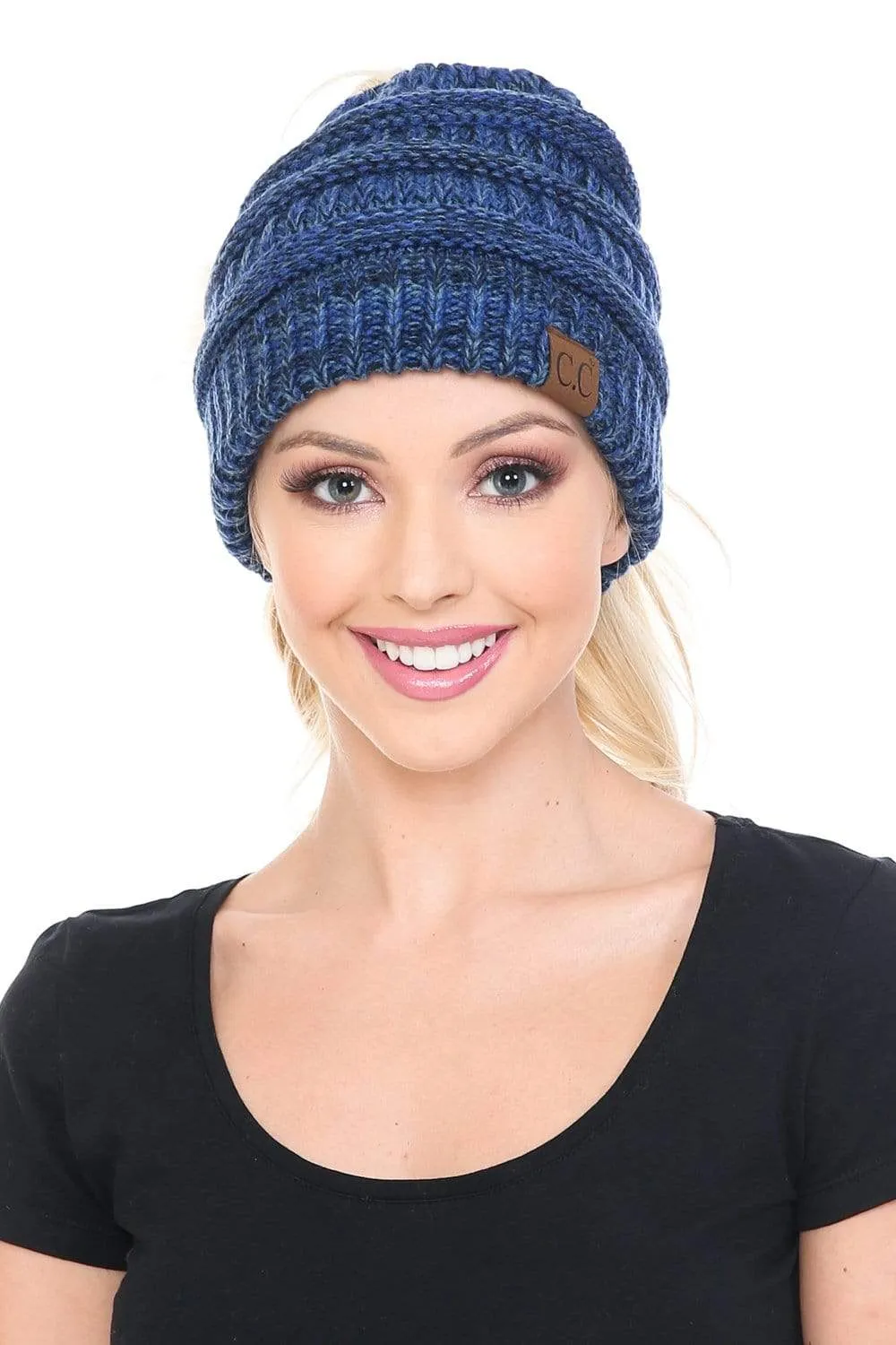 C.C MB6242 - Soft Stretch Cable Knit Warm Ponytail Hat 3 Toned Mixed Multi Color Beanie