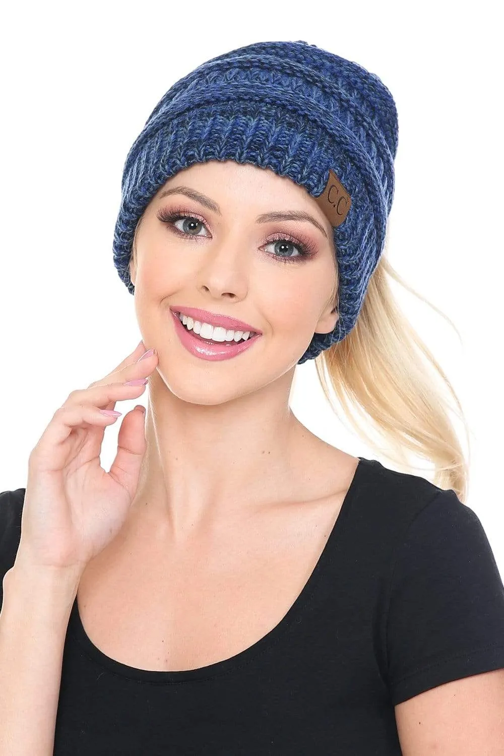 C.C MB6242 - Soft Stretch Cable Knit Warm Ponytail Hat 3 Toned Mixed Multi Color Beanie