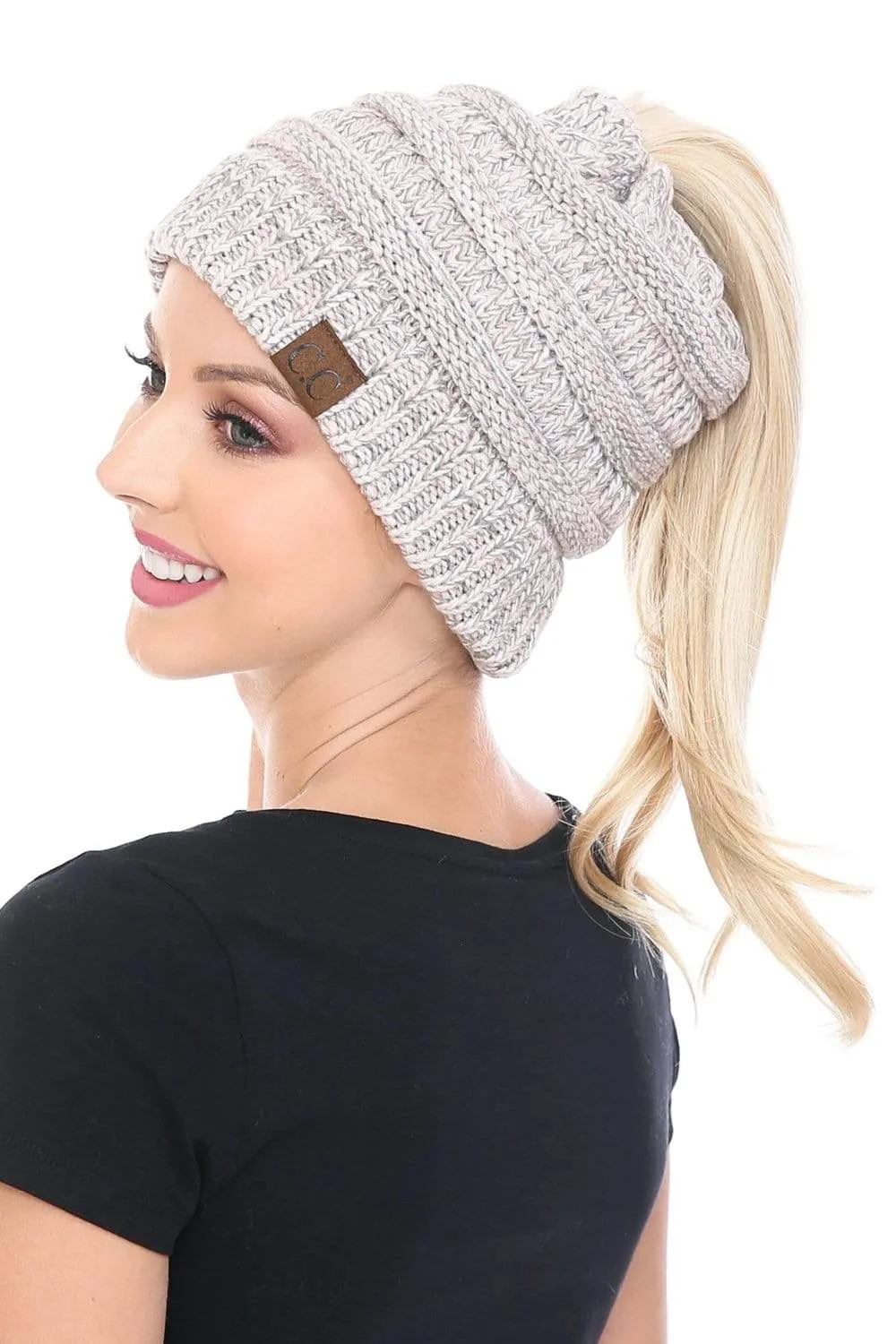 C.C MB6242 - Soft Stretch Cable Knit Warm Ponytail Hat 3 Toned Mixed Multi Color Beanie