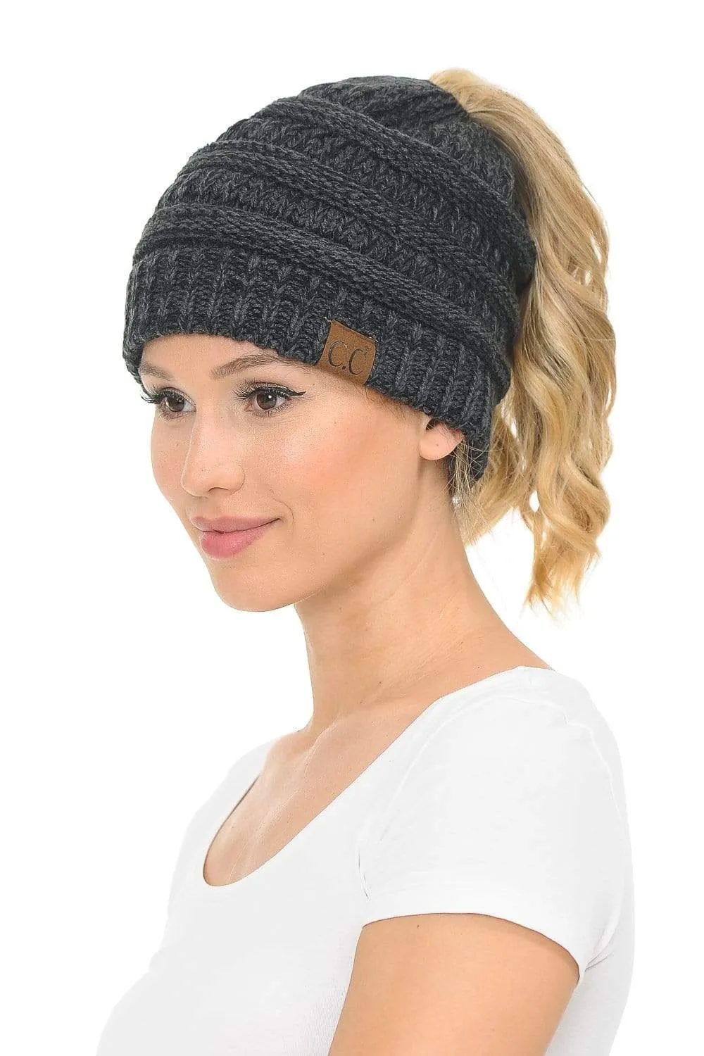 C.C MB6242 - Soft Stretch Cable Knit Warm Ponytail Hat 3 Toned Mixed Multi Color Beanie