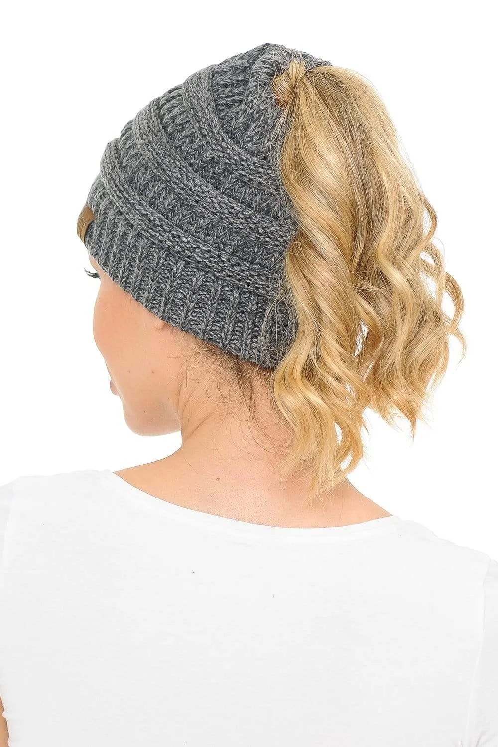 C.C MB6242 - Soft Stretch Cable Knit Warm Ponytail Hat 3 Toned Mixed Multi Color Beanie