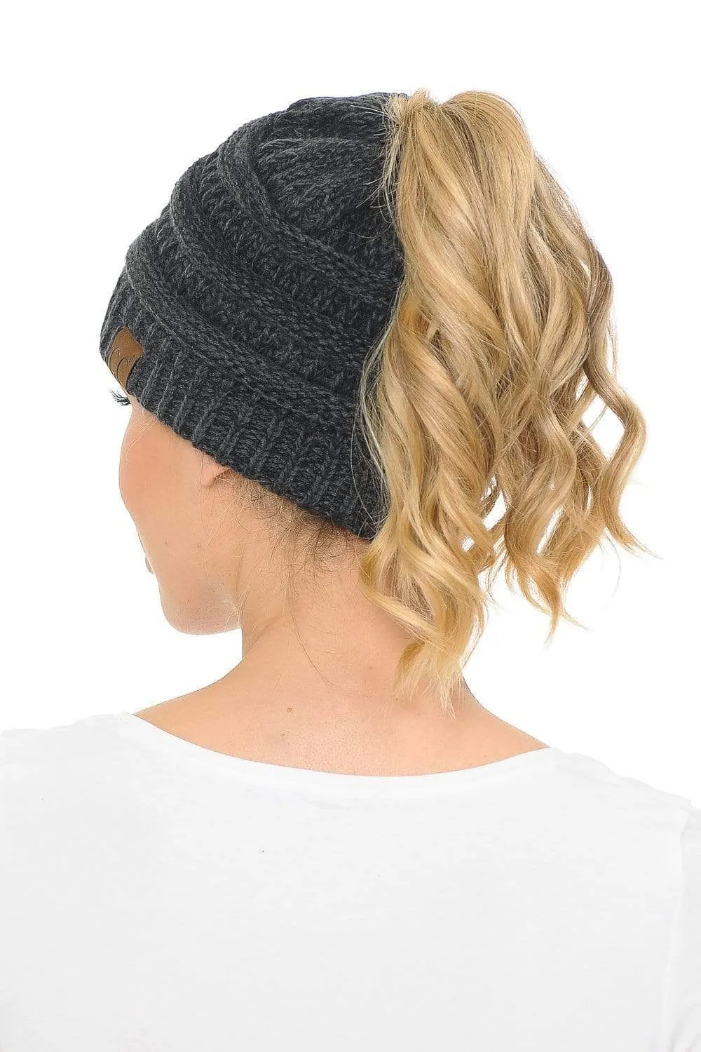 C.C MB6242 - Soft Stretch Cable Knit Warm Ponytail Hat 3 Toned Mixed Multi Color Beanie