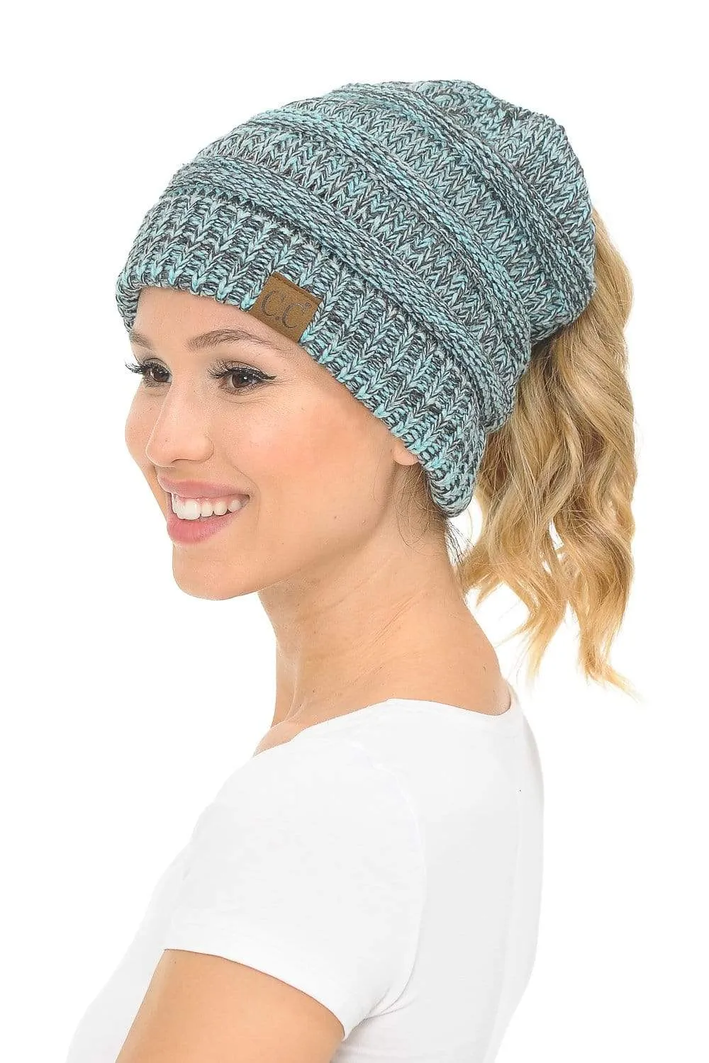 C.C MB6242 - Soft Stretch Cable Knit Warm Ponytail Hat 3 Toned Mixed Multi Color Beanie