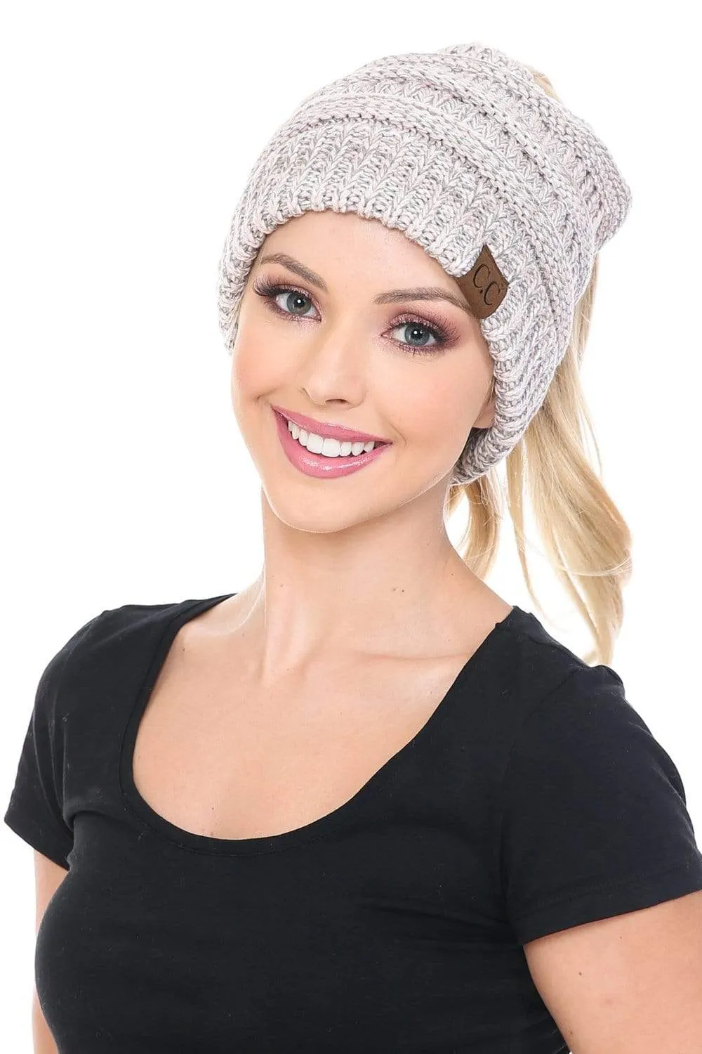 C.C MB6242 - Soft Stretch Cable Knit Warm Ponytail Hat 3 Toned Mixed Multi Color Beanie