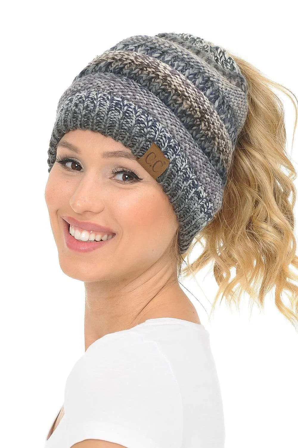C.C MB705 - Soft Stretch Cable Knit Warm Hat High Bun Ponytail Multi Color Tribal Beanie