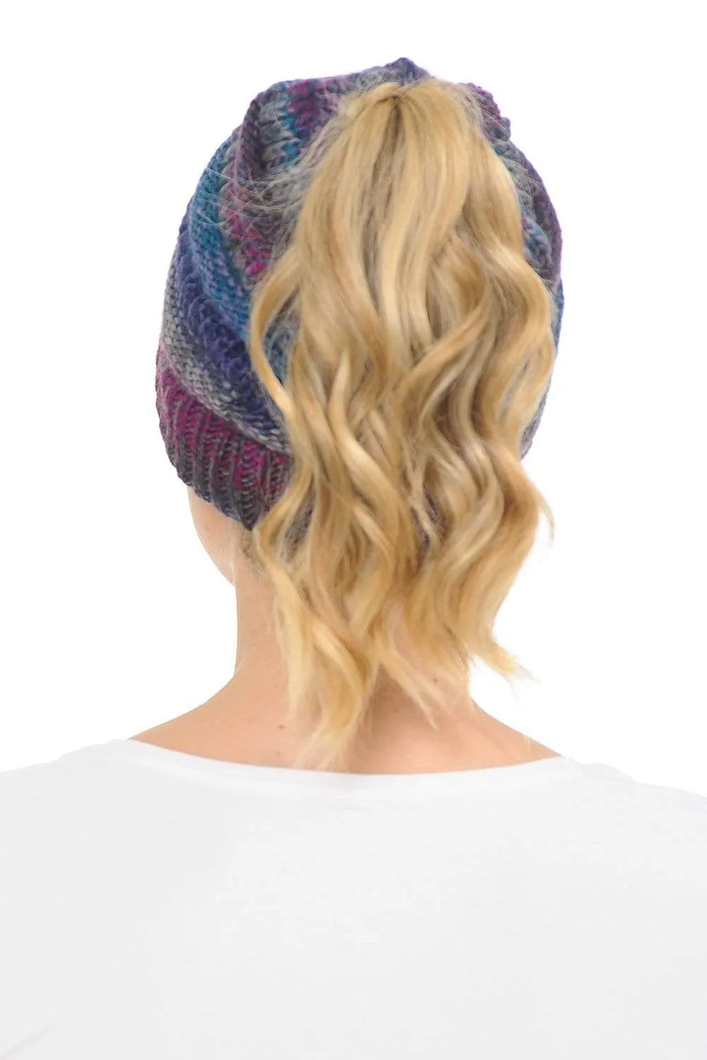 C.C MB705 - Soft Stretch Cable Knit Warm Hat High Bun Ponytail Multi Color Tribal Beanie
