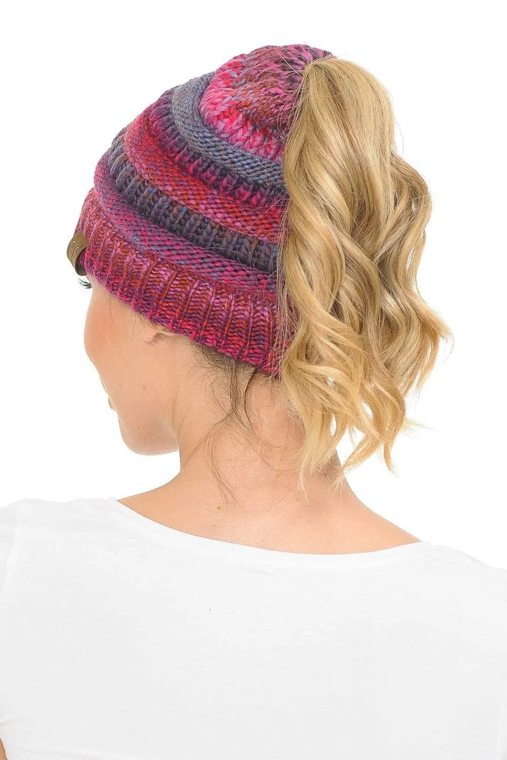 C.C MB705 - Soft Stretch Cable Knit Warm Hat High Bun Ponytail Multi Color Tribal Beanie