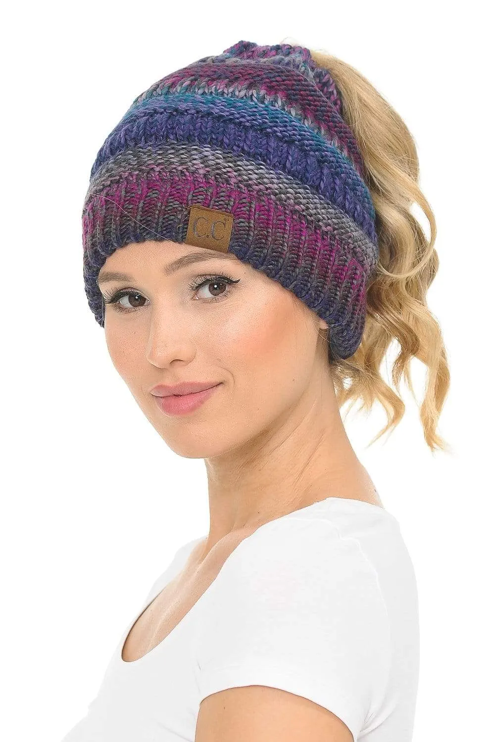 C.C MB705 - Soft Stretch Cable Knit Warm Hat High Bun Ponytail Multi Color Tribal Beanie