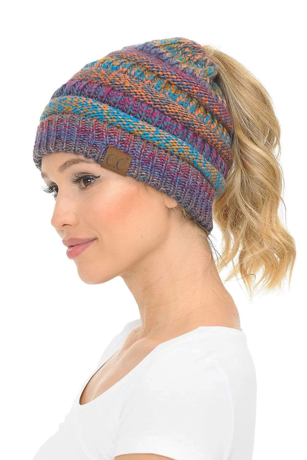 C.C MB705 - Soft Stretch Cable Knit Warm Hat High Bun Ponytail Multi Color Tribal Beanie
