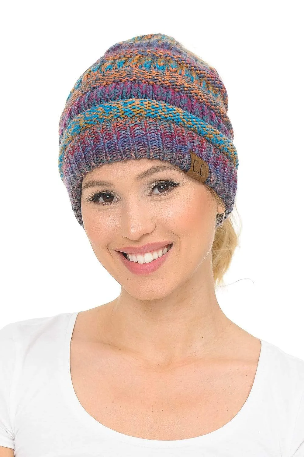 C.C MB705 - Soft Stretch Cable Knit Warm Hat High Bun Ponytail Multi Color Tribal Beanie