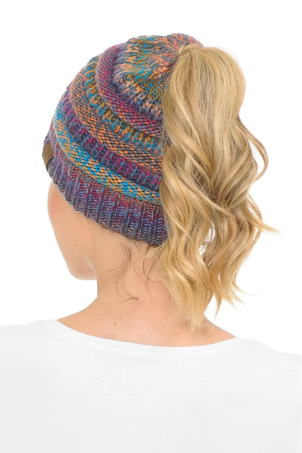 C.C MB705 - Soft Stretch Cable Knit Warm Hat High Bun Ponytail Multi Color Tribal Beanie