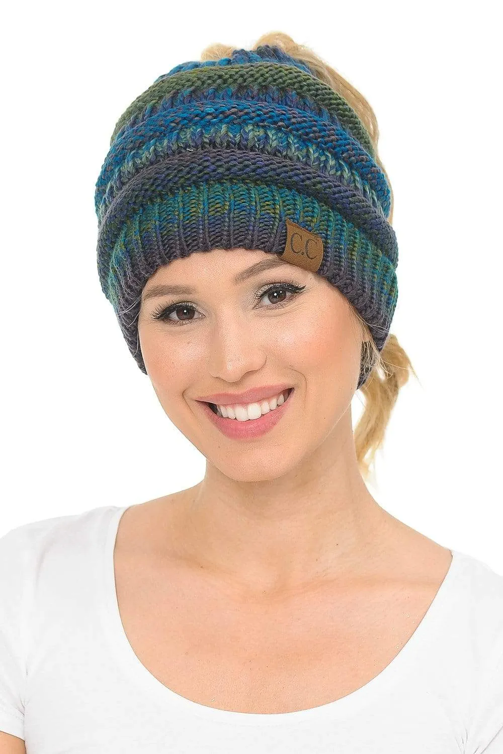 C.C MB705 - Soft Stretch Cable Knit Warm Hat High Bun Ponytail Multi Color Tribal Beanie