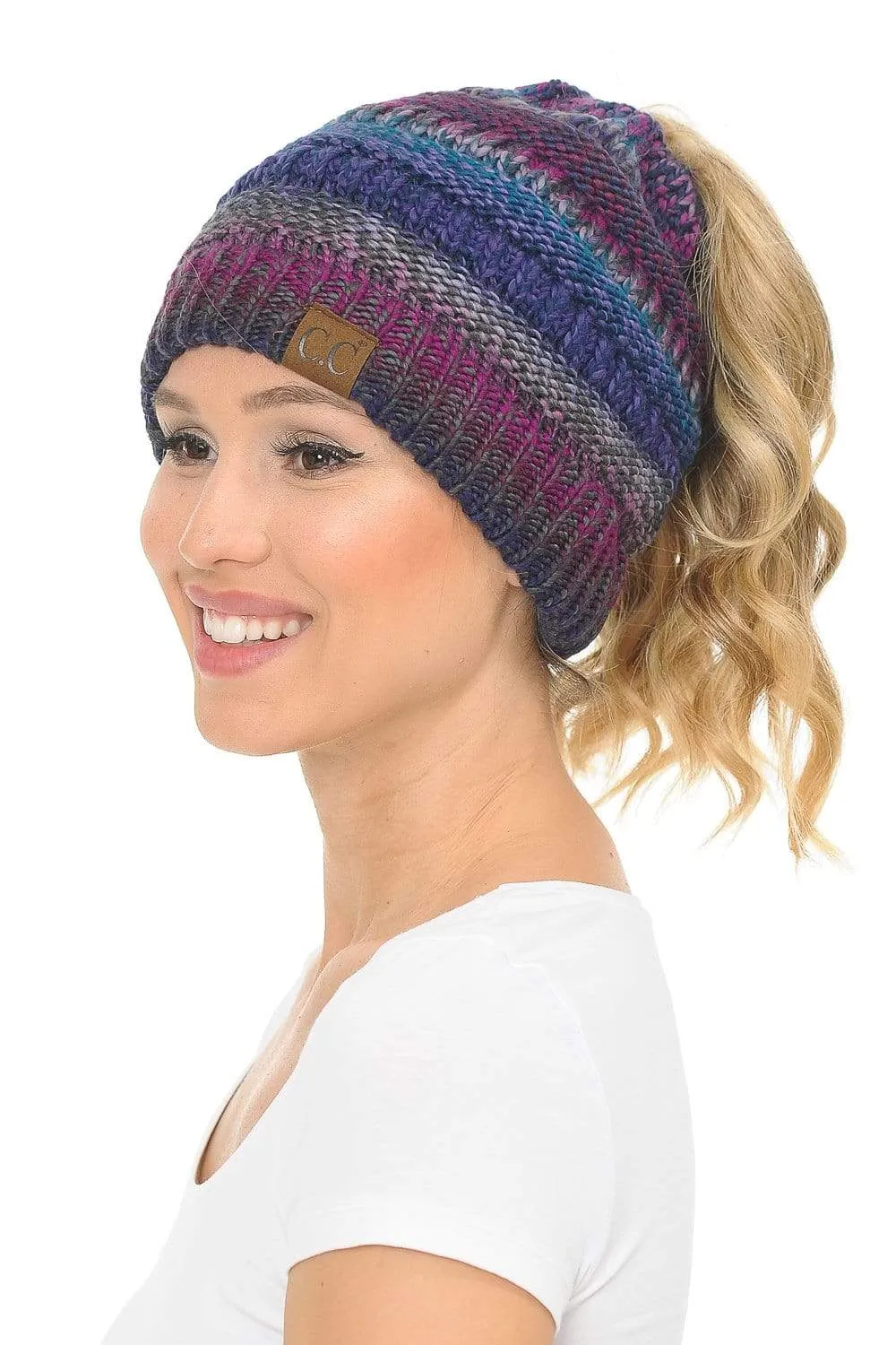 C.C MB705 - Soft Stretch Cable Knit Warm Hat High Bun Ponytail Multi Color Tribal Beanie