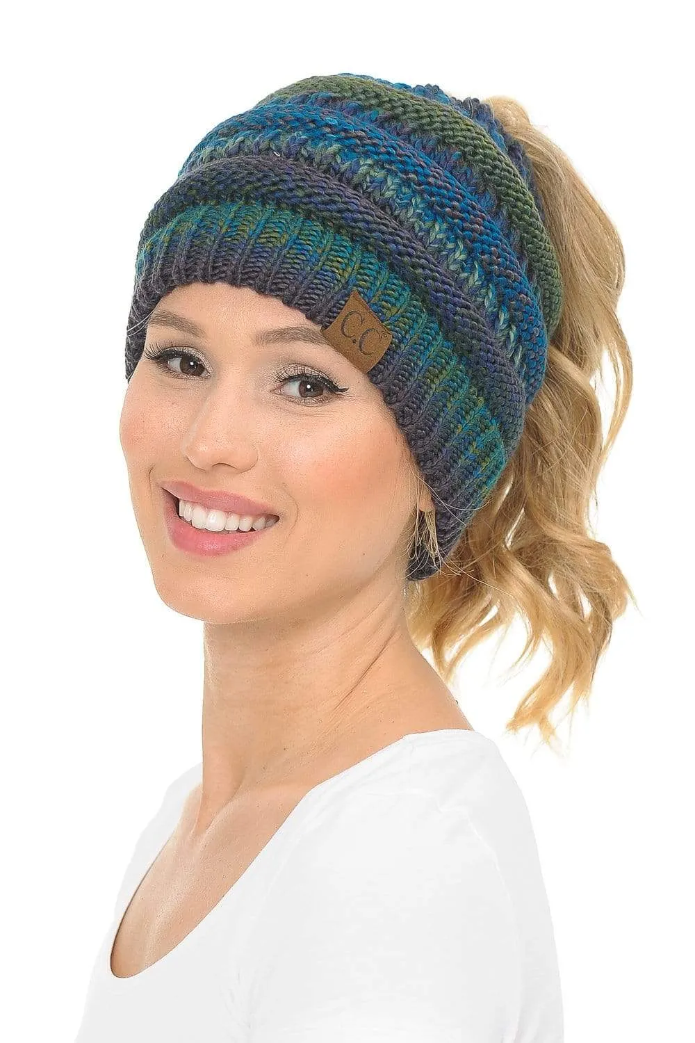 C.C MB705 - Soft Stretch Cable Knit Warm Hat High Bun Ponytail Multi Color Tribal Beanie