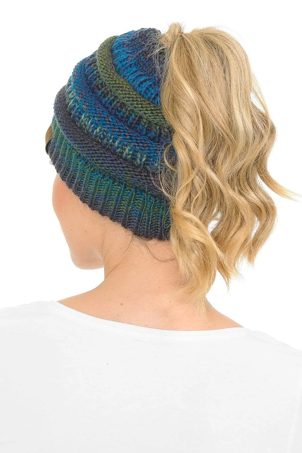 C.C MB705 - Soft Stretch Cable Knit Warm Hat High Bun Ponytail Multi Color Tribal Beanie
