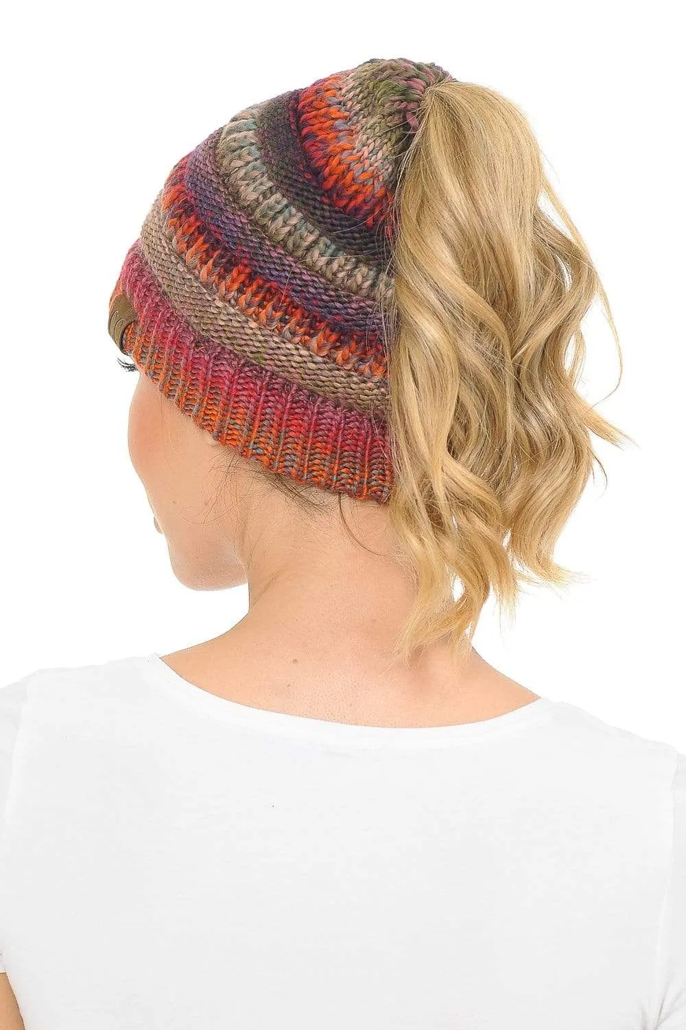 C.C MB705 - Soft Stretch Cable Knit Warm Hat High Bun Ponytail Multi Color Tribal Beanie