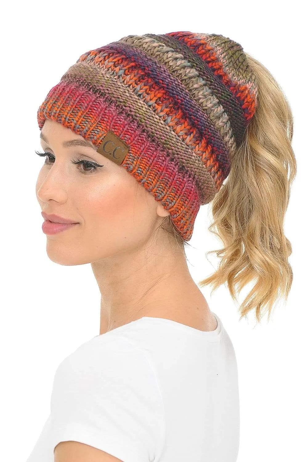 C.C MB705 - Soft Stretch Cable Knit Warm Hat High Bun Ponytail Multi Color Tribal Beanie