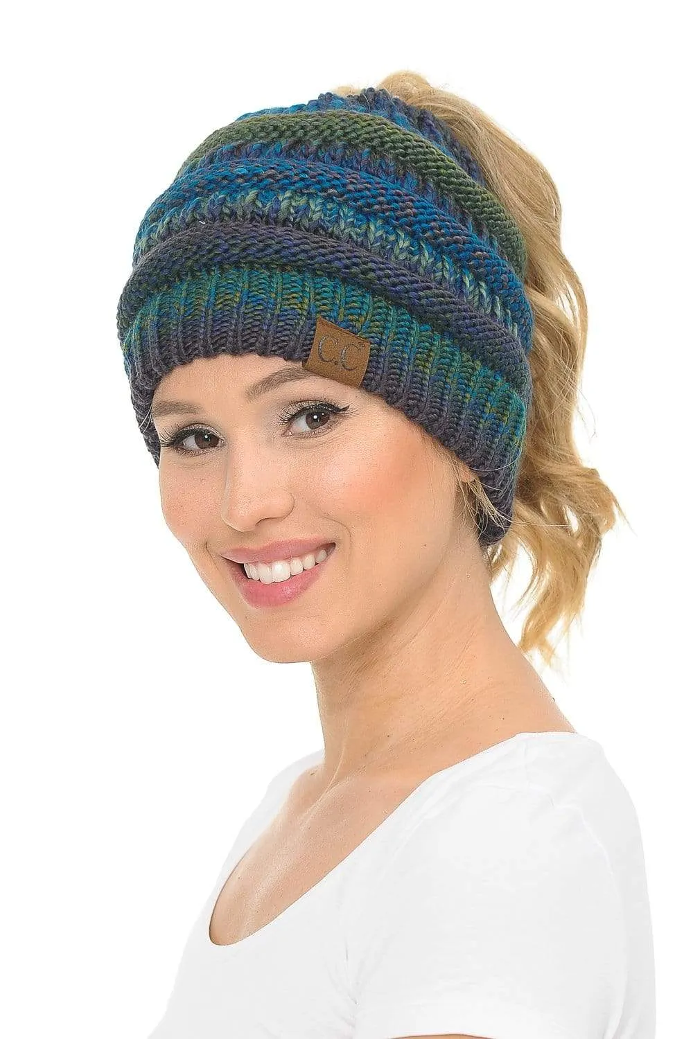 C.C MB705 - Soft Stretch Cable Knit Warm Hat High Bun Ponytail Multi Color Tribal Beanie