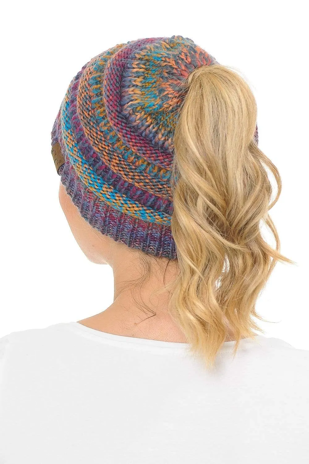 C.C MB705 - Soft Stretch Cable Knit Warm Hat High Bun Ponytail Multi Color Tribal Beanie