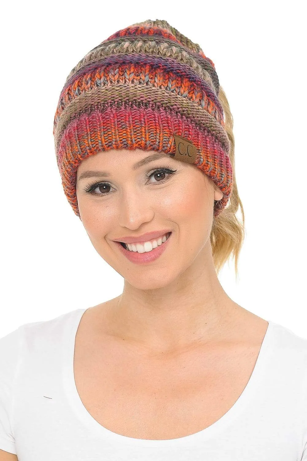 C.C MB705 - Soft Stretch Cable Knit Warm Hat High Bun Ponytail Multi Color Tribal Beanie