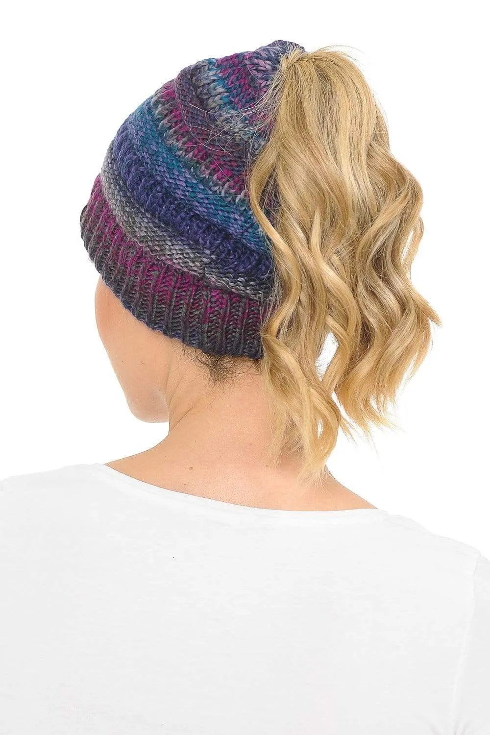 C.C MB705 - Soft Stretch Cable Knit Warm Hat High Bun Ponytail Multi Color Tribal Beanie