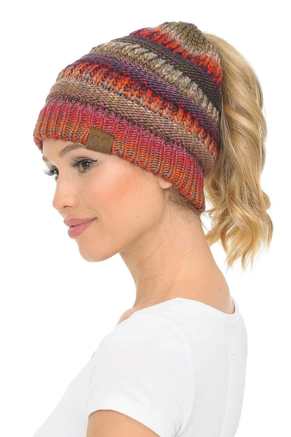 C.C MB705 - Soft Stretch Cable Knit Warm Hat High Bun Ponytail Multi Color Tribal Beanie