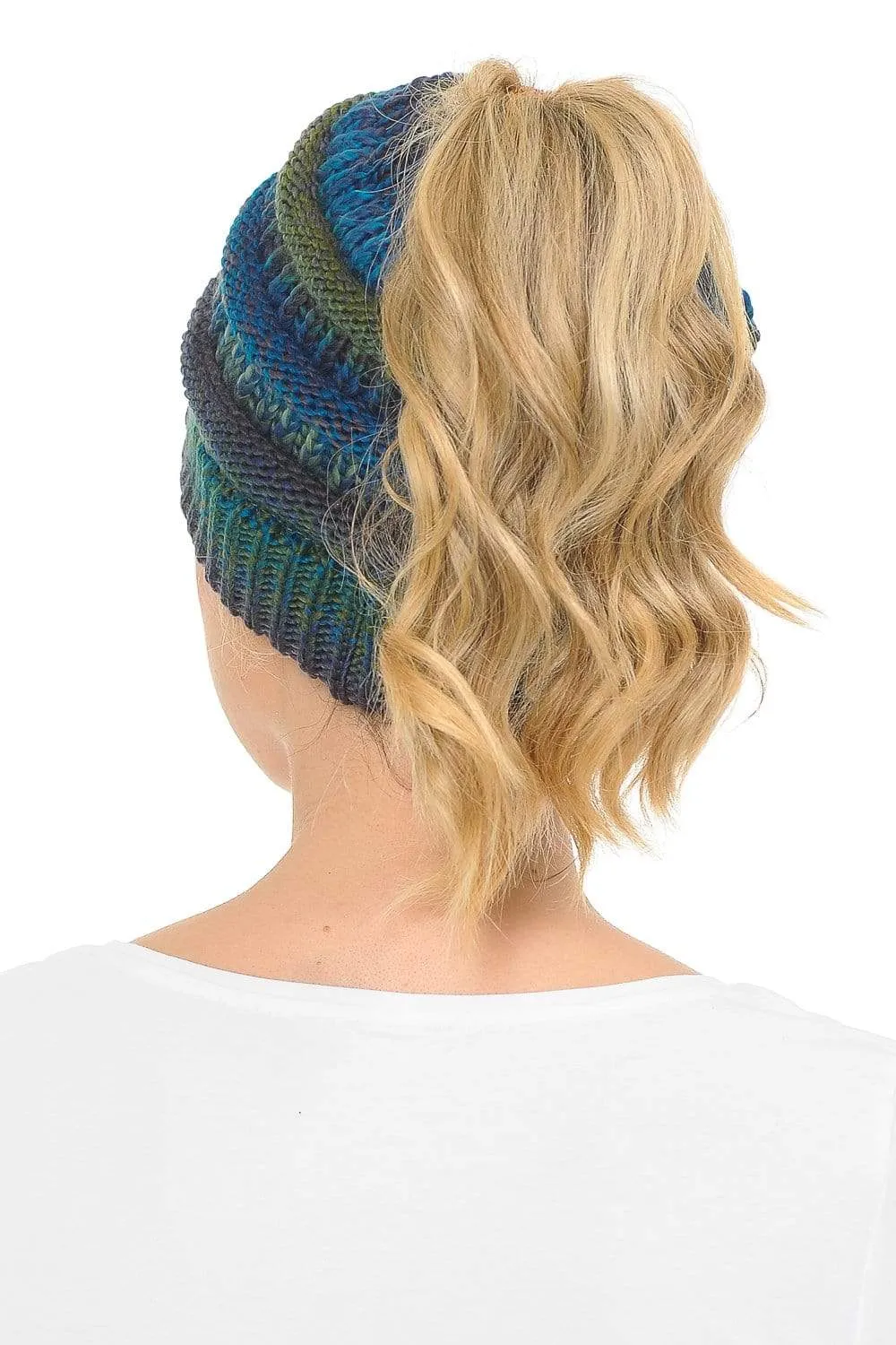 C.C MB705 - Soft Stretch Cable Knit Warm Hat High Bun Ponytail Multi Color Tribal Beanie