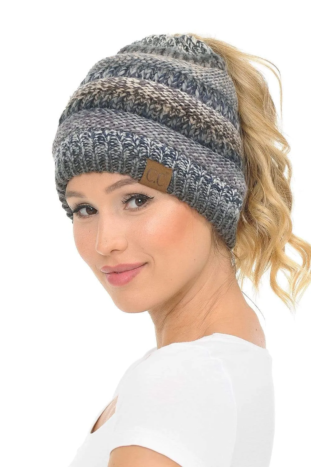 C.C MB705 - Soft Stretch Cable Knit Warm Hat High Bun Ponytail Multi Color Tribal Beanie